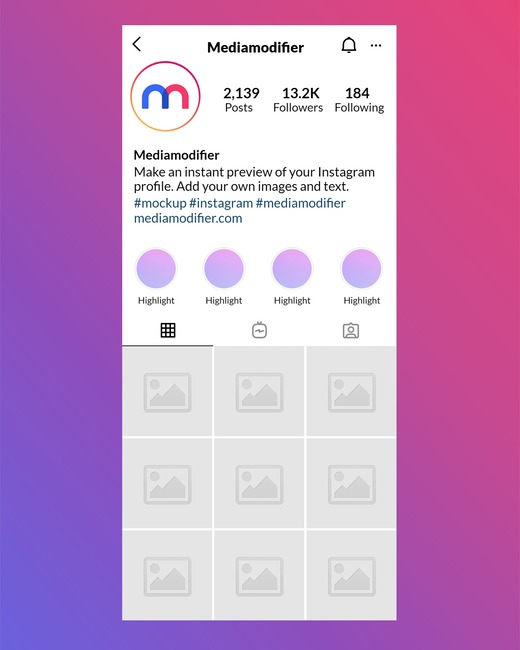 Mockup generator template for an Instagram profile page, as viewed from